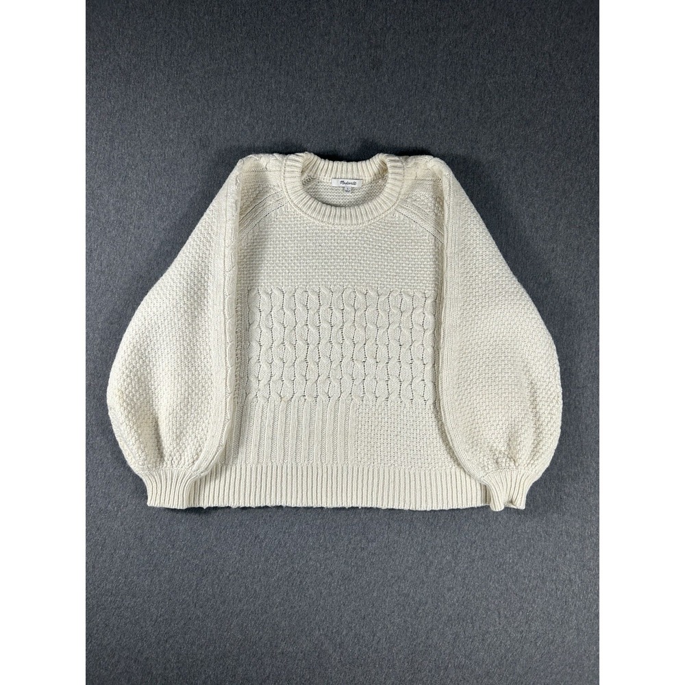 Madewell Cream Cable Knit Balloon Sleeve‎ Sweater Size L